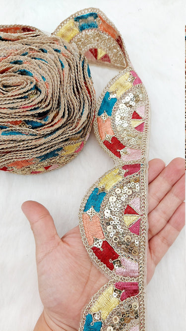 9 Yards Multicoloured Embroidered Trim, Decorative Trim, Indian Sari Border Sequin Trimming